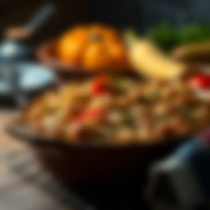 A warm Chicken Stuffing Casserole served in a rustic dish