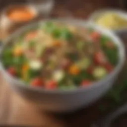 A colorful bowl of quinoa salad topped with fresh vegetables and herbs.
