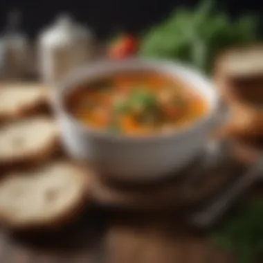 Hearty Vegetable Soup with Fresh Herbs A rustic bowl of vegetable soup garnished with fresh herbs and whole-grain bread on the side.