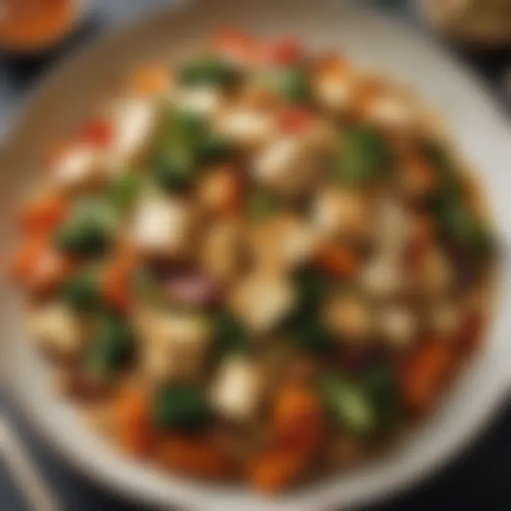 A vibrant stir-fry featuring a mix of seasonal vegetables and tofu in a tantalizing sauce.
