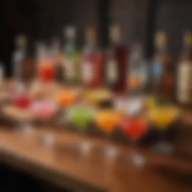 Palette of Cocktail Innovation An array of colorful cocktails arranged artistically on a wooden bar