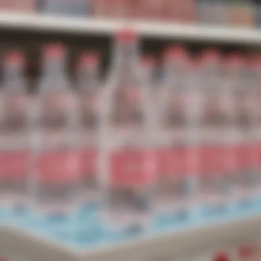 A scenic view of Evian water bottles on display in a retail store