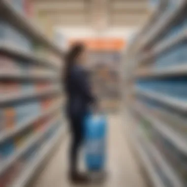 A shopper examining bottled water options in a grocery store aisle