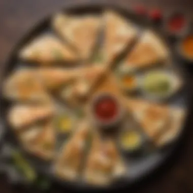 Artful arrangement of quesadillas with dipping sauce