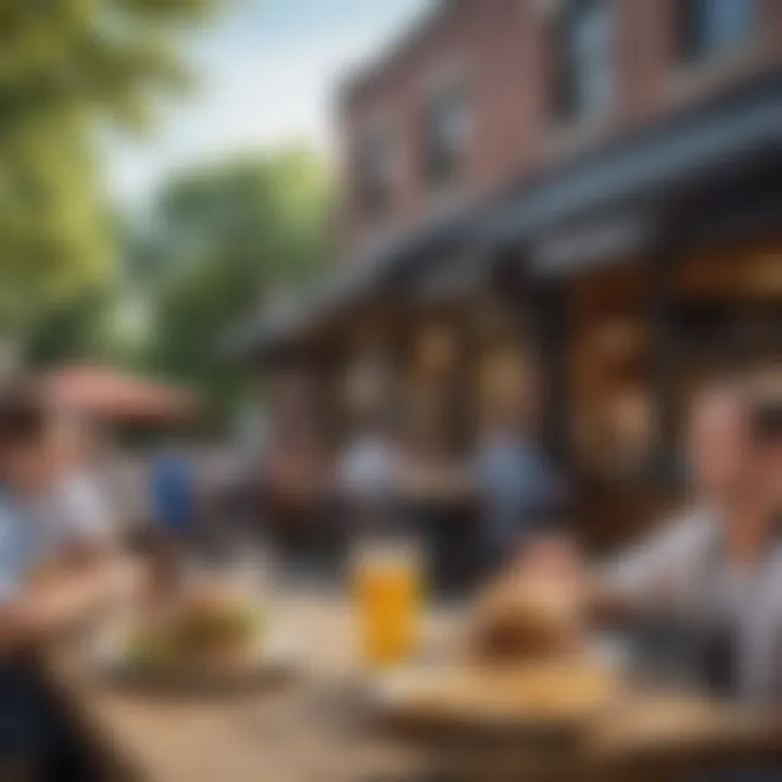 A lively outdoor patio filled with diners enjoying craft beers and gourmet burgers in a Cincinnati eatery.