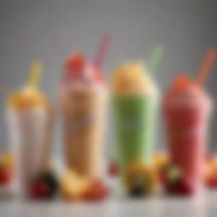 An artistic arrangement of different Slurpee flavors with fruit garnishes.