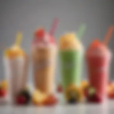 Artistic Slurpee Flavor Presentation An artistic arrangement of different Slurpee flavors with fruit garnishes.