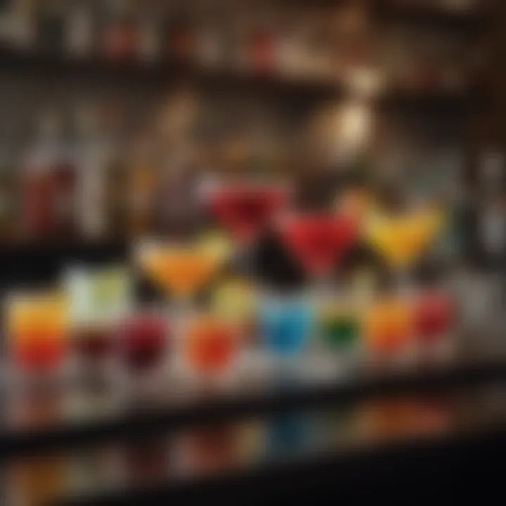 Colorful cocktails arranged on a bar with unique glassware
