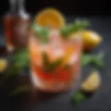 A vibrant cocktail garnished with fresh herbs and citrus