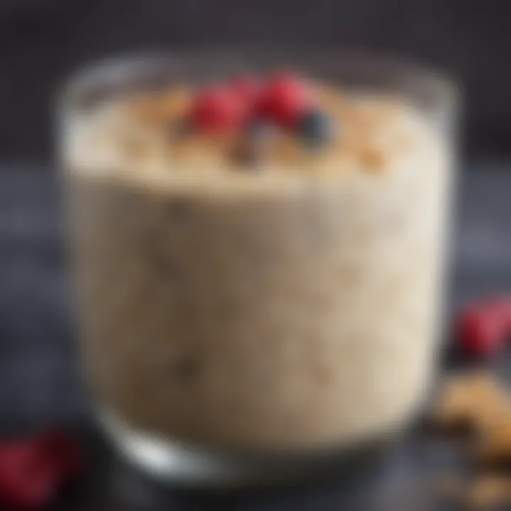 Close-up of a creamy drinkable overnight oats texture in a glass