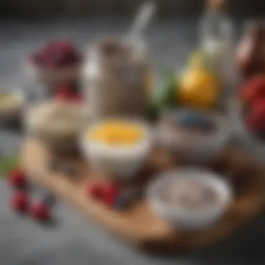 Various ingredients for chia pudding neatly arranged on a kitchen counter