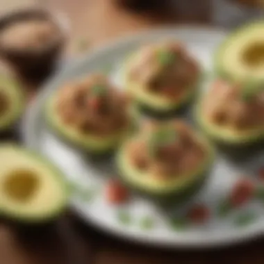 Avocado Tuna Stuffing Presentation Tuna stuffed avocados garnished with spices