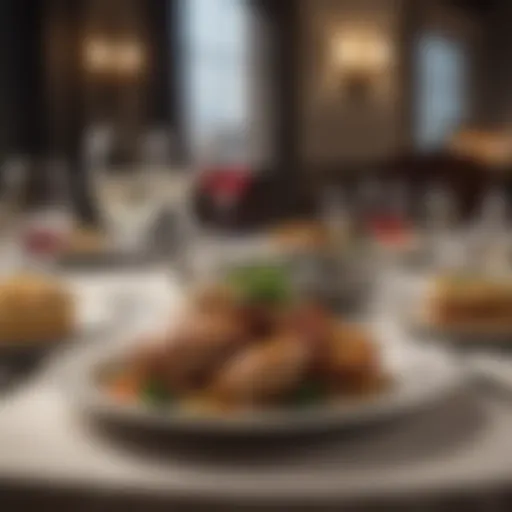 An elegant dining setup with fine tableware and ambient lighting