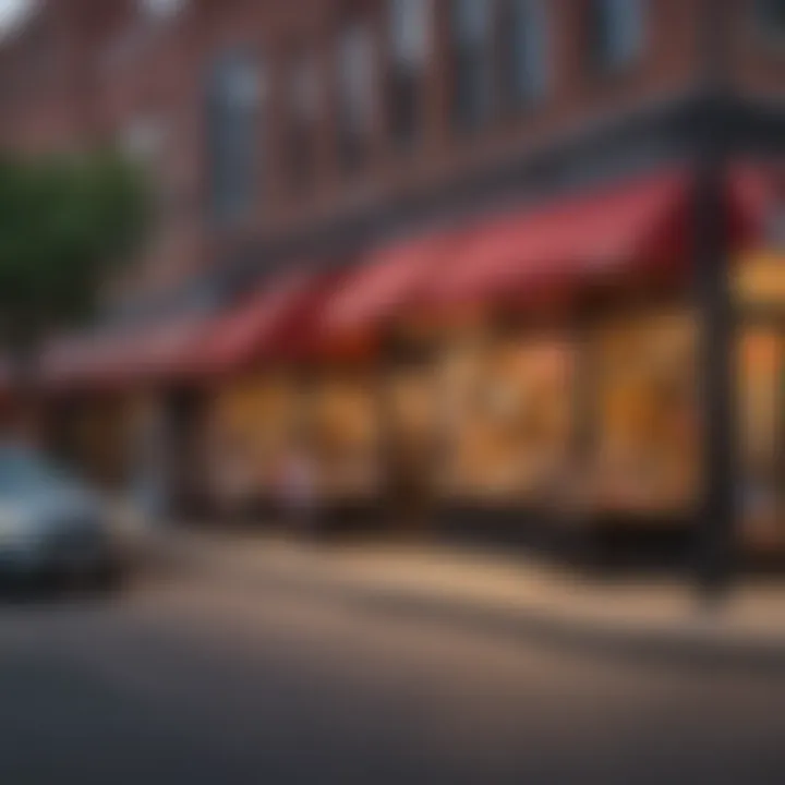 A vibrant street view showcasing diverse restaurants lined up