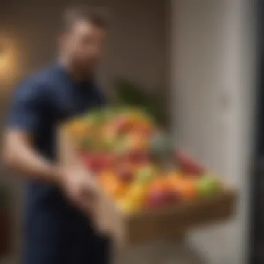 A delivery person presenting a box of exotic fruits at a doorstep.