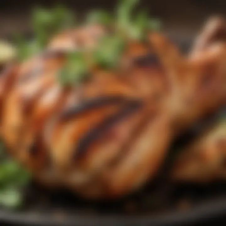 A close-up of succulent grilled chicken pieces garnished with herbs