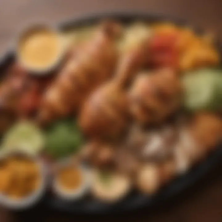 A colorful platter featuring grilled chicken with assorted dips