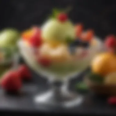 An elegant bowl of artisanal sorbet with fresh fruit garnishes