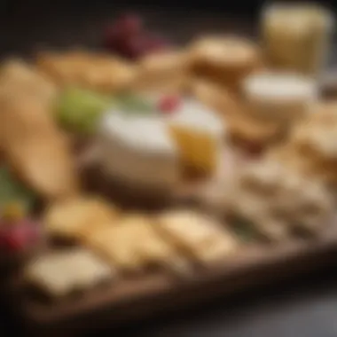 Gourmet Cheese and Crackers Display A beautifully designed gift basket featuring gourmet cheeses and crackers.