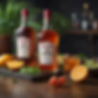 A colorful array of rum bottles and fresh fruits
