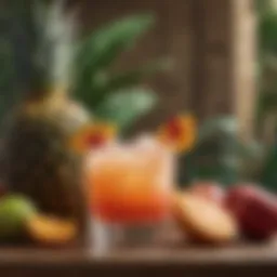A vibrant tropical cocktail garnished with fresh fruit