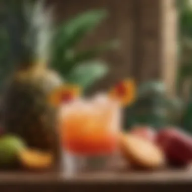 A vibrant tropical cocktail garnished with fresh fruit