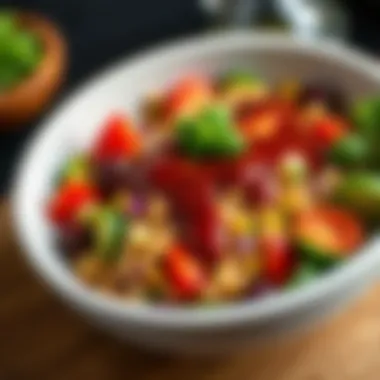 A vibrant bowl of quinoa salad loaded with vegetables and topped with a rich sauce