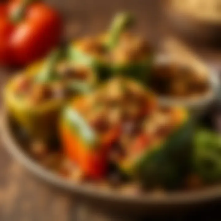 A beautifully arranged dish showcasing stuffed bell peppers with a grain and vegetable mixture