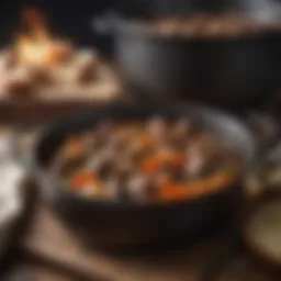 A hearty beef stew simmering in a cast iron Dutch oven