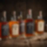 A selection of whiskey bottles on a rustic wooden table