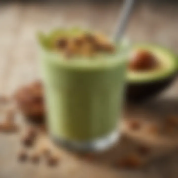 A bowl of creamy avocado smoothie topped with seeds and nuts.