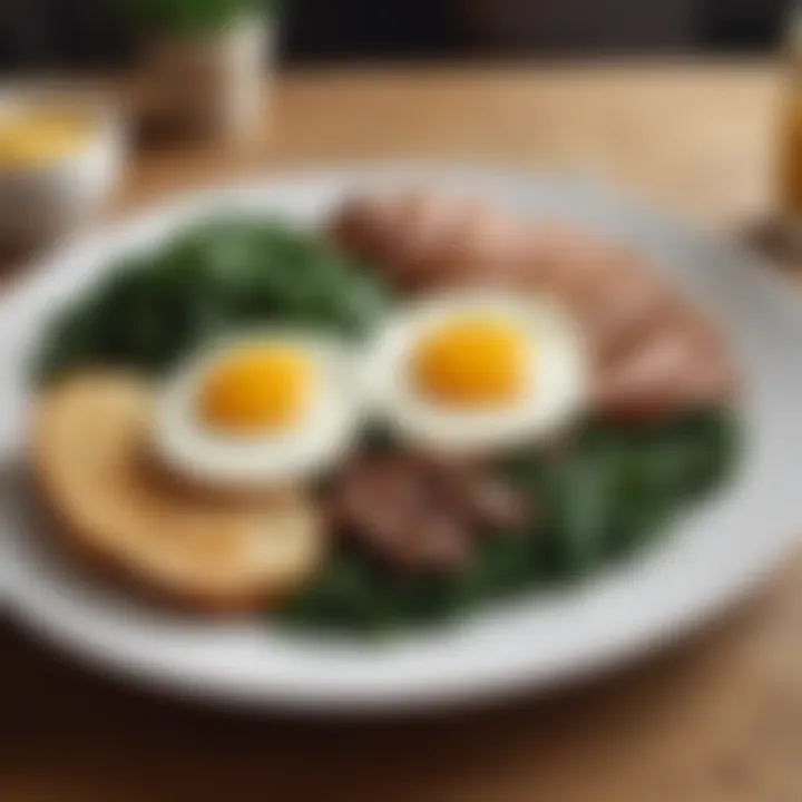 An elegant arrangement of a no-carb breakfast platter with eggs and greens.