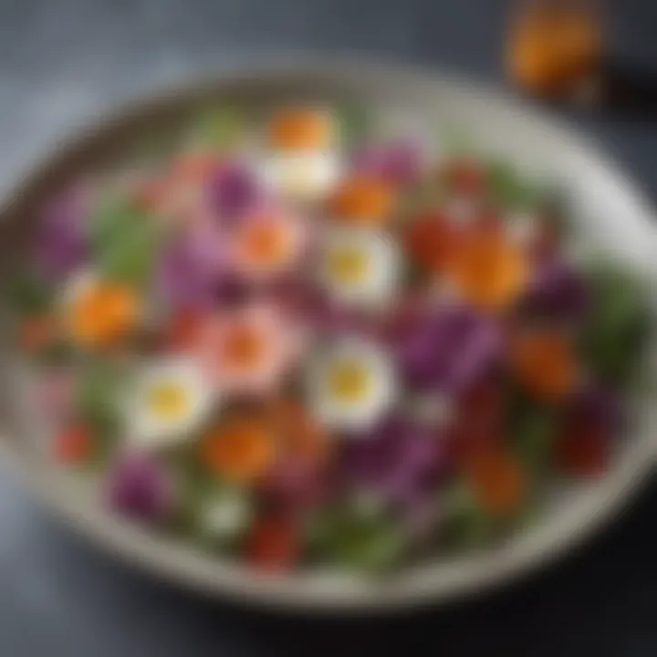 An elegant salad presentation with edible flowers