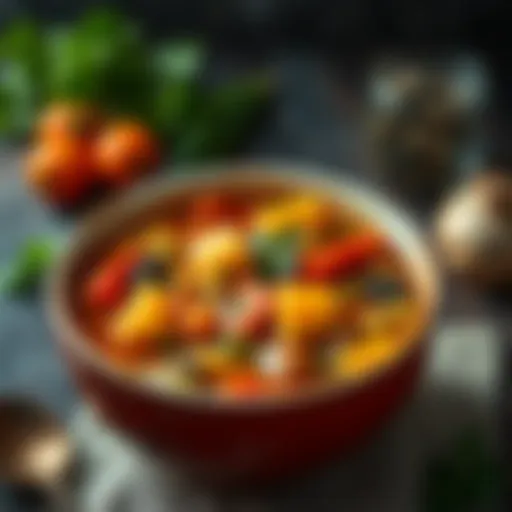 A vibrant bowl of grain-free soup filled with colorful vegetables