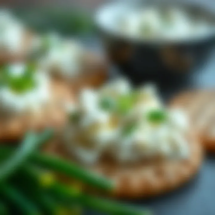 Cottage Cheese with Chives Innovation A visually appealing topping of cottage cheese and chives on multi-seed crackers, highlighting texture and taste.