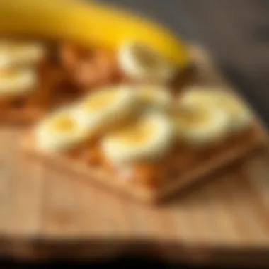 Nut Butter and Banana Fusion A creative mix of nut butter and sliced bananas on oat crackers, showcasing a balance of sweetness and nutrition.