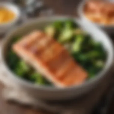 Grilled Salmon with Broccoli A beautifully arranged bowl of grilled salmon with a side of steamed broccoli