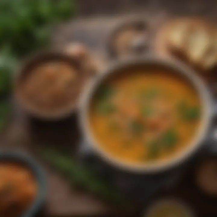 A warm bowl of lentil soup garnished with fresh herbs and spices