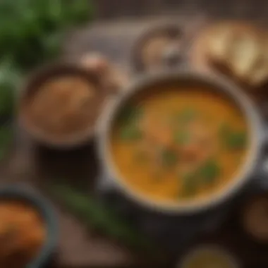 Lentil Soup with Herbs A warm bowl of lentil soup garnished with fresh herbs and spices