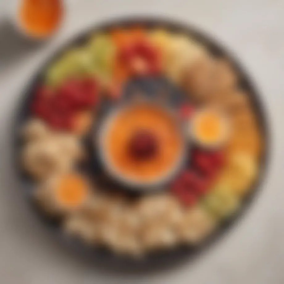 A colorful assortment of healthy snacks arranged elegantly on a platter, suitable for tea time.