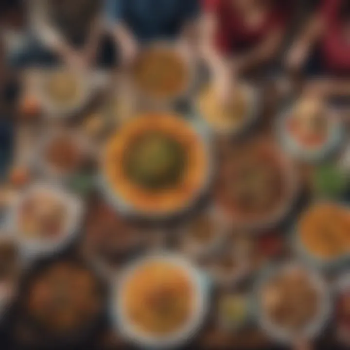 A vibrant community gathering around a potluck meal