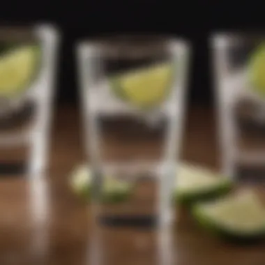 A close-up of a tequila shot glass with lime and salt