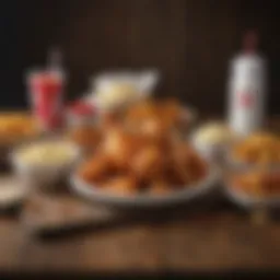 A variety of KFC's signature chicken meals arranged on a rustic table