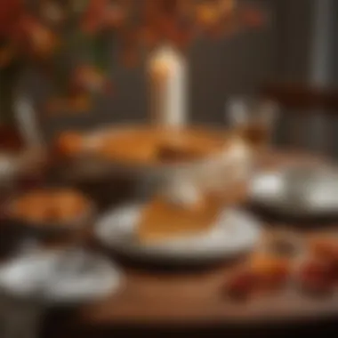 An elegant table setting featuring a slice of pumpkin pie surrounded by autumn leaves