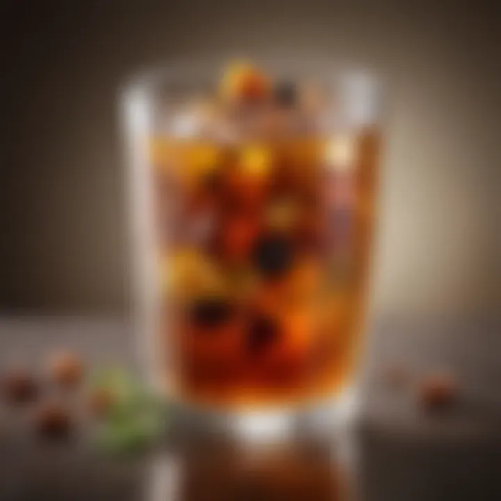 A close-up view of a loaded tea mix beverage in an elegant glass