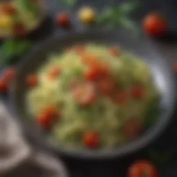 A vibrant plate of zucchini noodles with cherry tomatoes and basil.