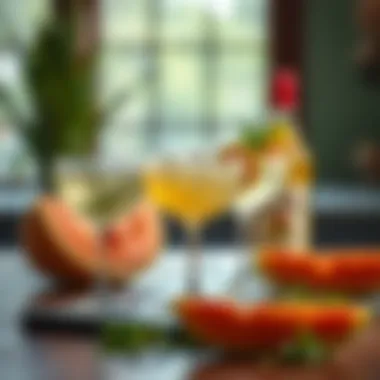 Creative Melon Malibu Cocktails An artistic display of Melon Malibu cocktails garnished with fresh herbs