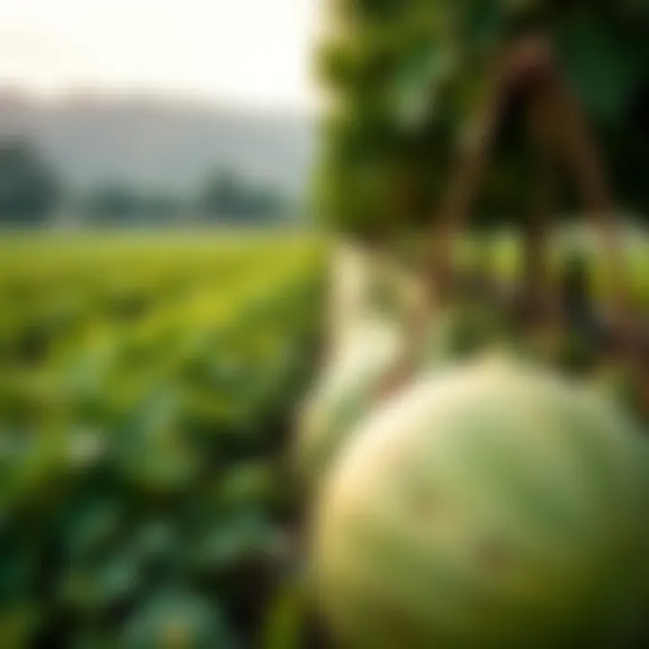 Sustainable Melon Malibu Farming A lush Melon Malibu farm scene emphasizing sustainable farming practices