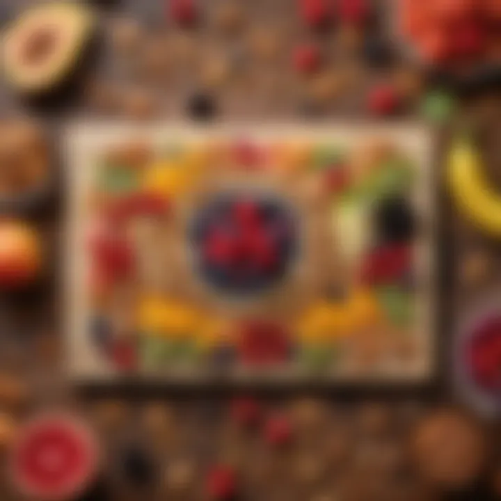 A vibrant assortment of colorful fruits and nuts arranged aesthetically on a wooden board