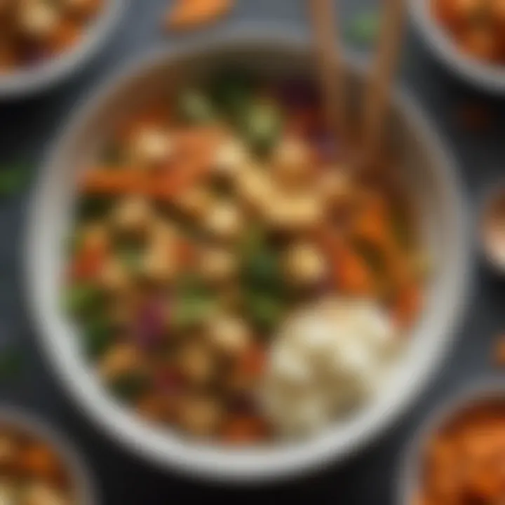 A colorful assortment of vegetable stir-fry with tofu, served in a bowl